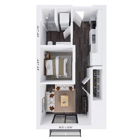 Floor plan for 1 bed, 1 bath, 500 sqft